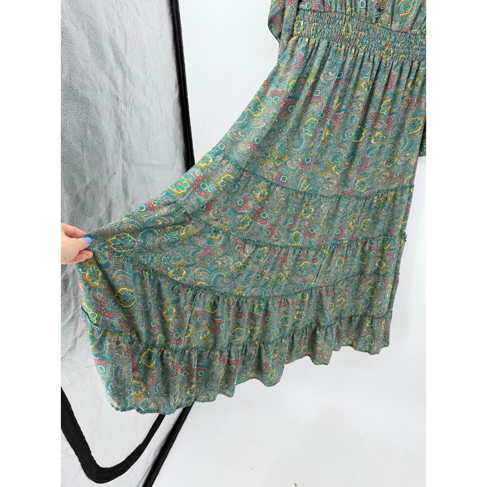 Anthropologie Boemo Green midi dress Paisley Tiered smocked Size L  Boho Regency - Picture 7 of 11